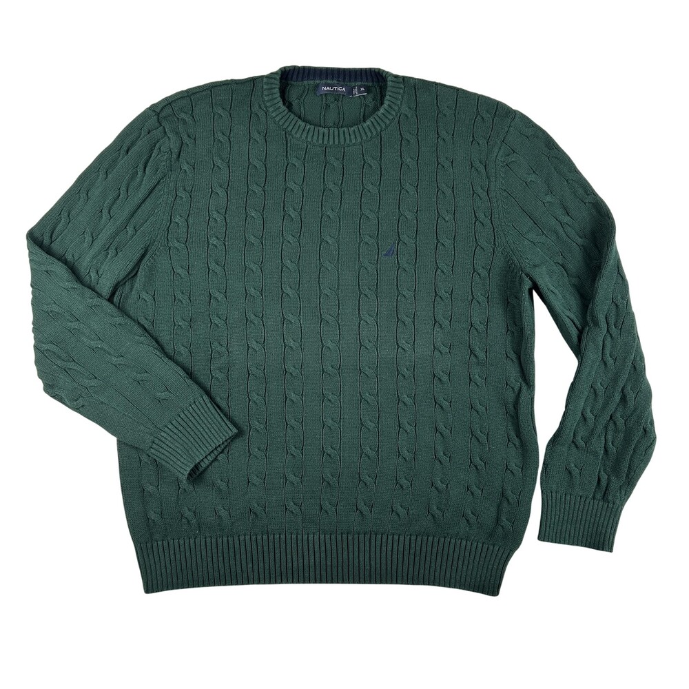 Nautica Sweater Mens XL Green Cable Knit Crew Neck Cotton Pullover Logo